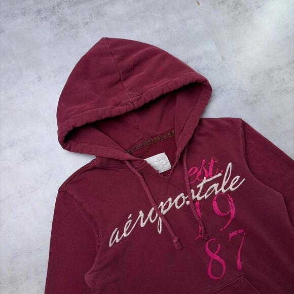 Y2K Burgundy Aeropostale Grunge Skater Distressed Hoodie - Picture 5 of 7